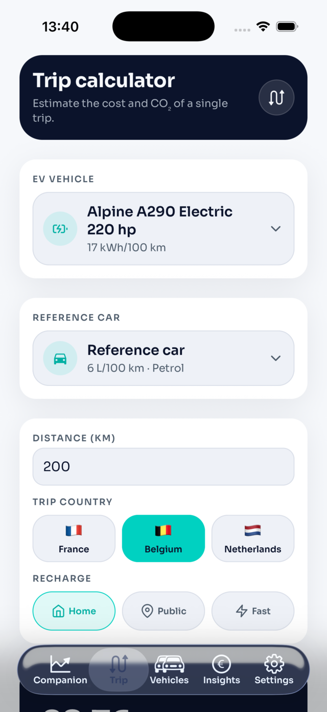 Trip calculator with EV, reference car, distance, trip country and recharge options.